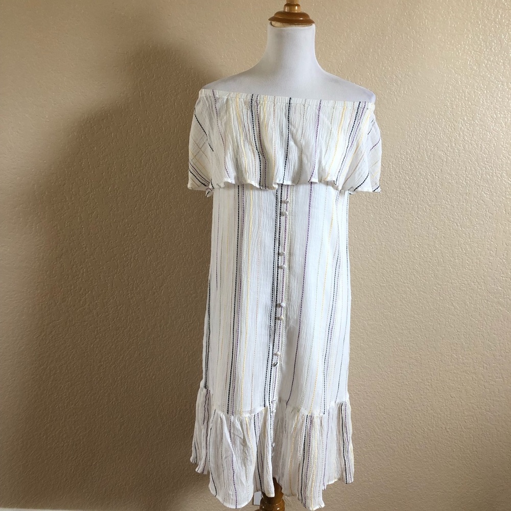 New Micheal Stars Ruffle Off Shoulder Striped Gauze Dress Size S